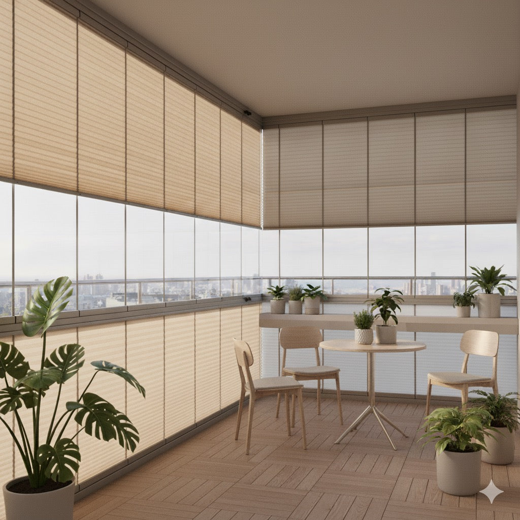 Cam Balkon Bej Plise Perde – Katlanabilir Isı Yalıtımlı Şık Tasarım