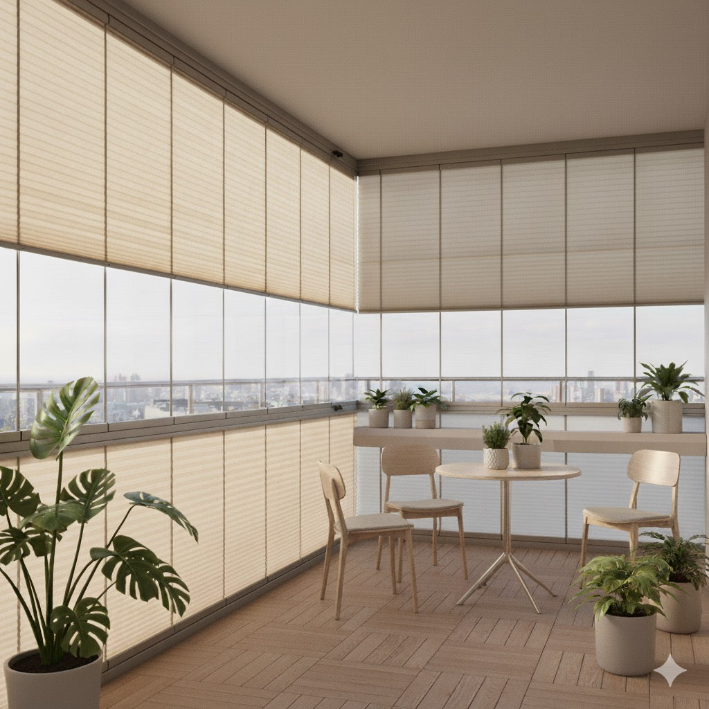 Cam Balkon Ekru Plise Perde – Katlanabilir Isı Yalıtımlı Şık Tasarım