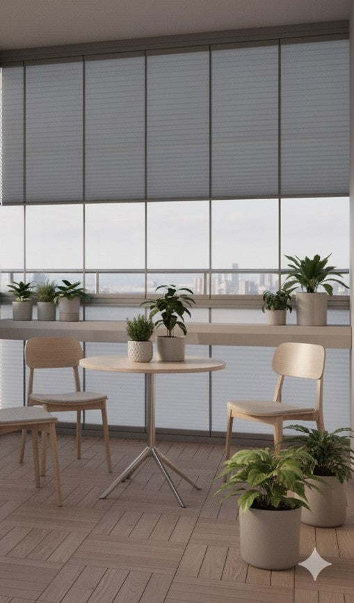 Cam Balkon Gri Plise Perde – Katlanabilir Isı Yalıtımlı Şık Tasarım