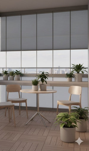 Cam Balkon Gri Plise Perde – Katlanabilir Isı Yalıtımlı Şık Tasarım