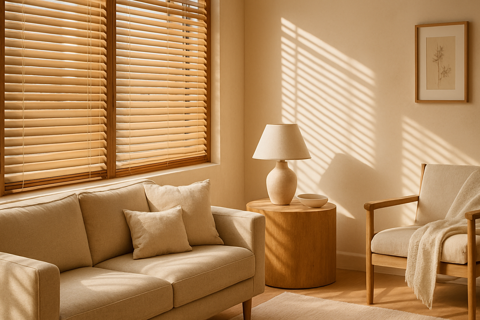 A room decorated in warm, natural tones with large windows featuring wooden blinds. The blinds are partially open, allowing light to filter through. Natural textures and minimalist furnishings create a clean yet striking scene. The wooden blind slats should be clearly visible. Ideal for a category/collection list image.