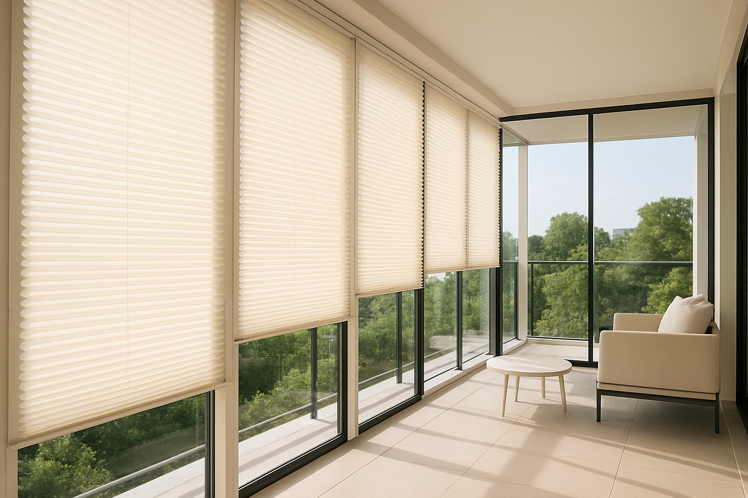 A spacious, modern glass balcony setting. The area is bright and sunlit, with light-colored (white or cream) pleated blinds neatly installed on the glass panels. The outside view includes greenery or an urban landscape, creating a natural and peaceful ambiance. There may be modern furniture in the space, but the main focus should be on the pleated blinds. The overall feel should be aesthetic, serene, and stylish. The image should be high-quality, suitable for use on the homepage of an e-commerce website.