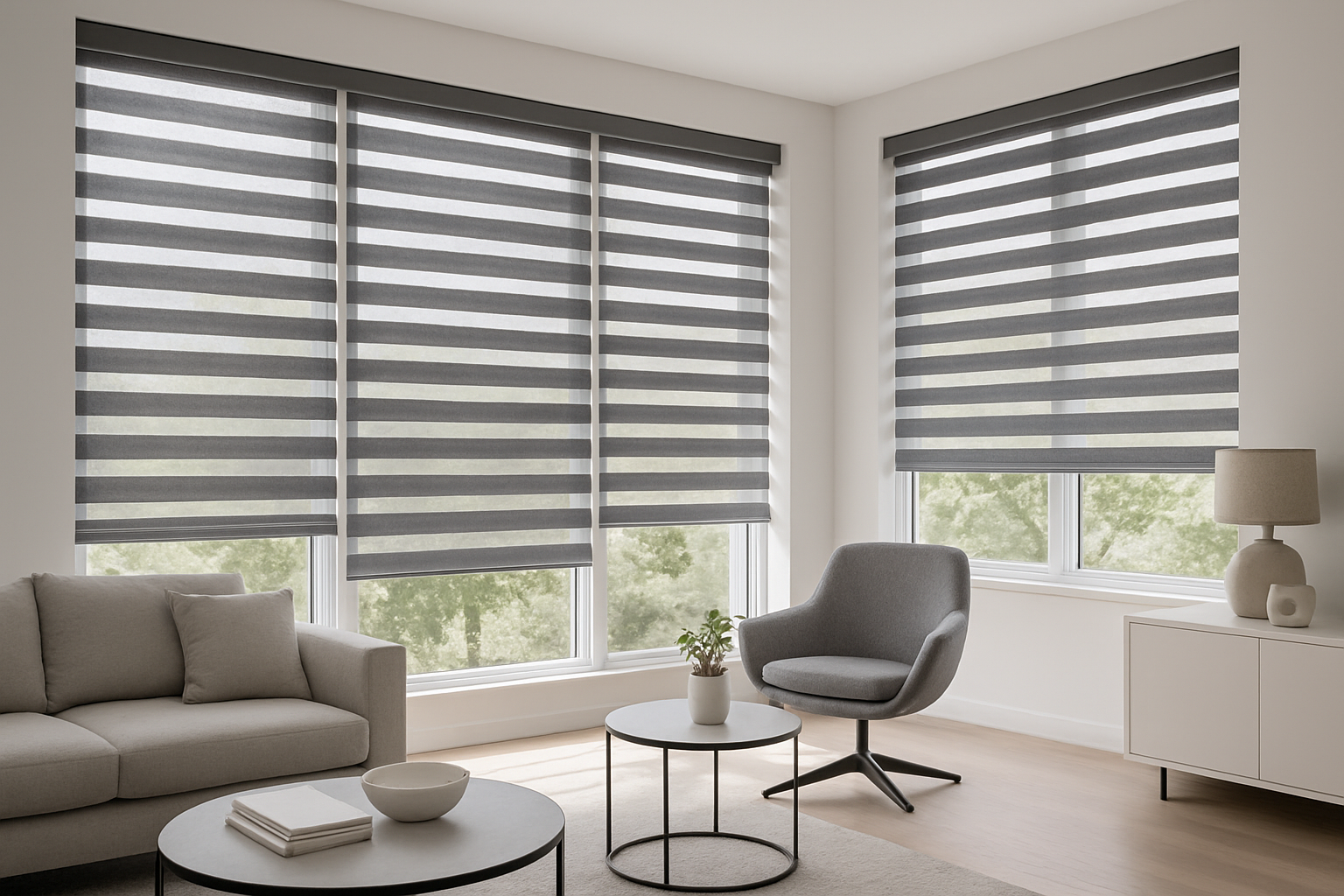 A stylish and modern living space with large windows featuring zebra blinds in either open or semi-open position. Daylight filters through the striped layers, creating a soft pattern of light and shadow. The zebra stripes should be clearly visible and well-aligned. The room should feel clean, minimal, and contemporary. The image should highlight both the elegance and functionality of zebra blinds. Perfect for a category/collection list image.