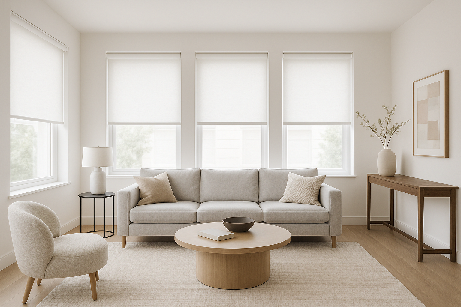 ev ortamında salonda mekanlı görsel istiyorum. stor perde görseli olsun. beyaz renkte olacak. güzel bir mekana yerleştir