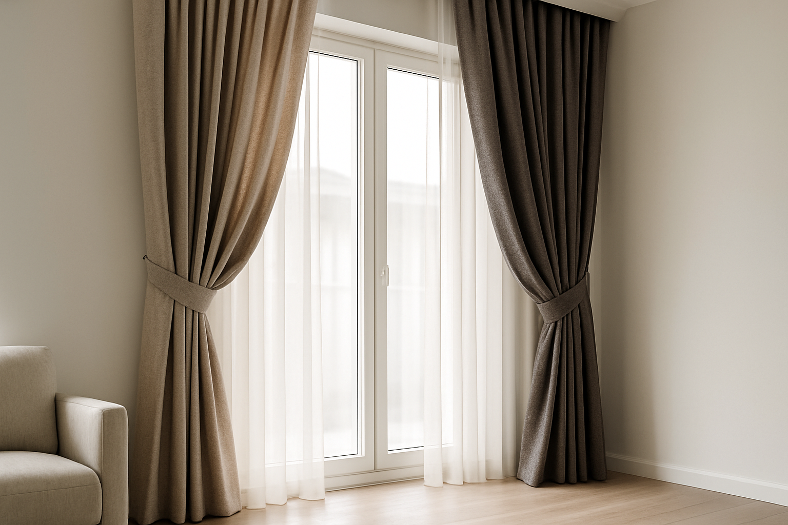 In a modern interior, elegant drapery curtains made of thick fabric are styled decoratively on the sides of large windows. Colors are in natural tones like beige, grey, or brown. Curtains may be slightly open or neatly tied. The look should be elegant yet minimal. A clean, well-composed image suitable for a collection list.