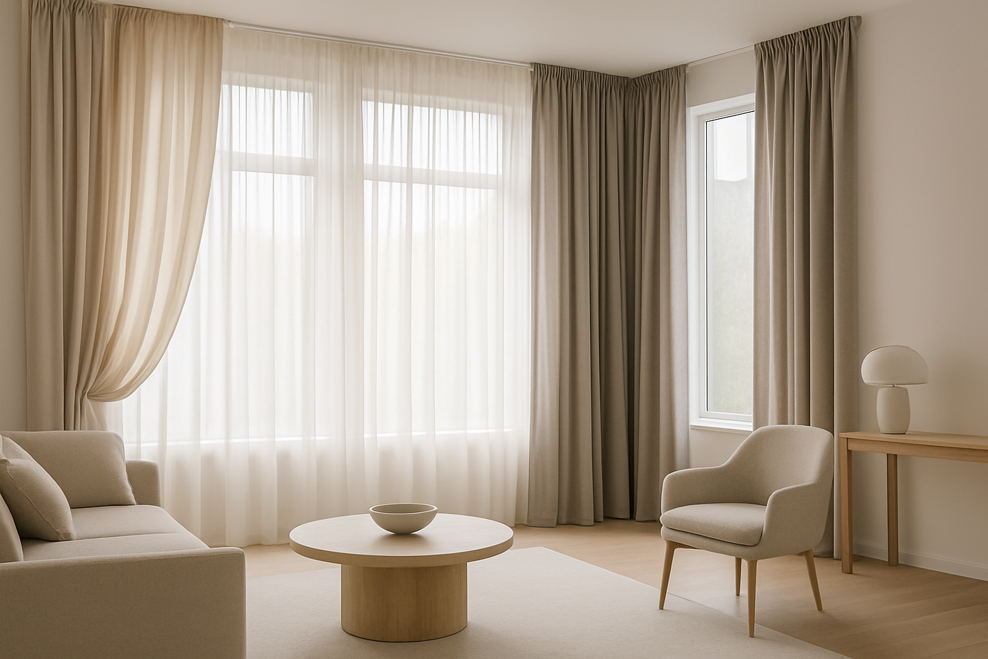 In a modern interior, large windows feature elegant drapery curtains in beige or grey tones. The curtains are gently gathered and stylish. The room is softly lit with natural light and furnished with minimalist decor. The image should be suitable for overlaying dark or high-contrast text.