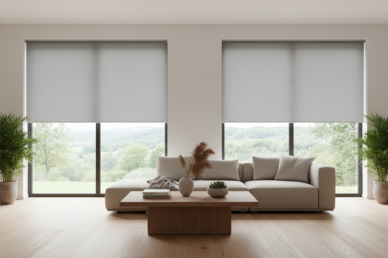 karşı pencereler de de olsun gri storlar yarı açık şekilde ve pencere de bembeyaz olmasın manzara olsun