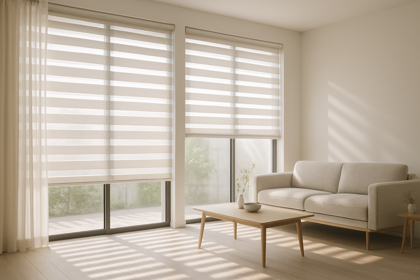 Large windows with zebra blinds in open or semi-open position. Sunlight filters through the striped layers, creating a dynamic light effect. The background features modern and minimalist furniture. The image should allow easy overlay of contrasting text.