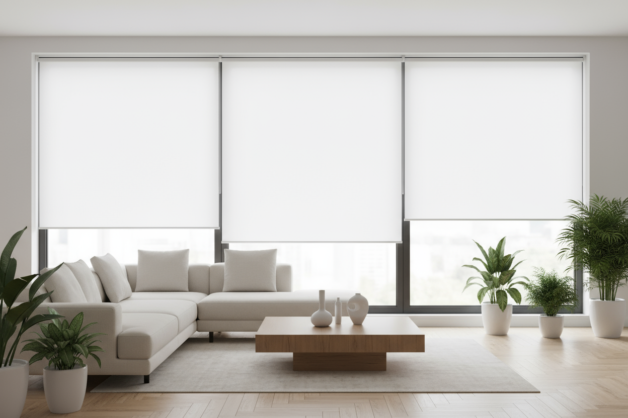 Modern ve şık bir oturma odası. Geniş pencerelerde sade ve zarif beyaz stor perdeler düzgün şekilde takılı. Perdeler yarı açık konumda, içeri süzülen gün ışığı ortamı aydınlatıyor. Perdenin yüzeyi düz, temiz ve kaliteli kumaş yapısı net olarak görünüyor. Oda minimalist mobilyalarla döşenmiş: açık renk parke zemin, bej koltuk, ahşap sehpa, birkaç dekoratif obje ve yeşil bitkiler. Ortam ferah, huzurlu ve estetik bir atmosfer sunmalı. Görsel yüksek çözünürlüklü, gerçekçi ve e-ticaret için profesyonel olmalı.