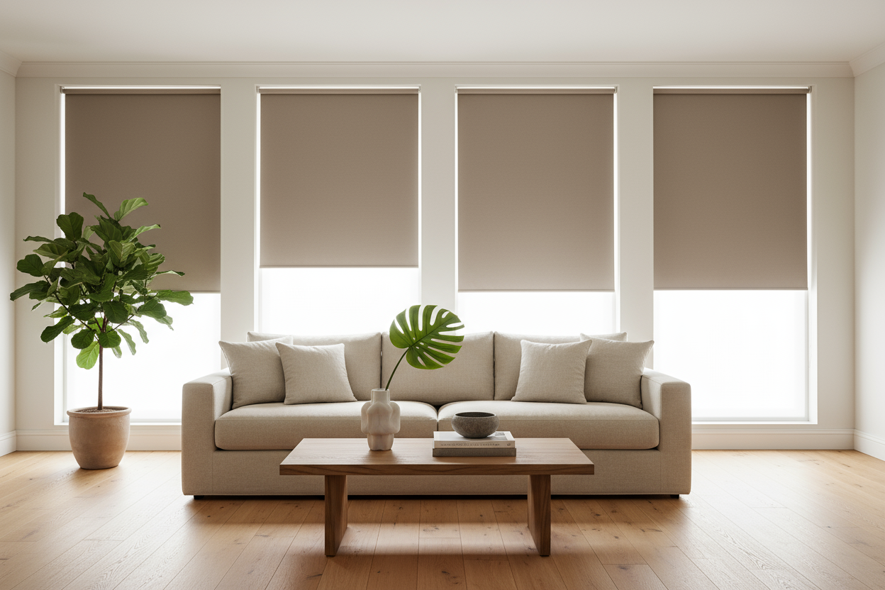 Modern ve şık bir oturma odası. pencerelerde sade koyu bej renkte stor perdeler düzgün şekilde takılı. Perdeler yarı açık konumda, içeri süzülen gün ışığı ortamı aydınlatıyor. Perdenin yüzeyi düz, temiz ve kaliteli kumaş yapısı net olarak görünüyor. Oda minimalist mobilyalarla döşenmiş: açık renk parke zemin, bej koltuk, ahşap sehpa, birkaç dekoratif obje ve yeşil bitkiler. Ortam ferah, huzurlu ve estetik bir atmosfer sunmalı. Görsel yüksek çözünürlüklü, gerçekçi ve e-ticaret için profesyonel olmalı.
