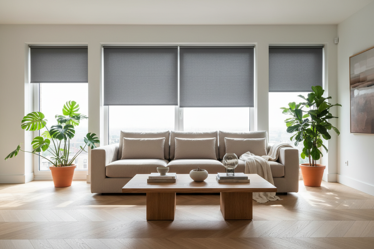 Modern ve şık bir salon. Geniş pencerelerde sade ve zarif koyu gri stor perdeler düzgün şekilde takılı. Perdeler yarı açık, içeri süzülen gün ışığı ile ortam ferah ve aydınlık görünüyor. Açık renk parke zemin, bej koltuk, ahşap sehpa, birkaç dekoratif obje ve yeşil bitkiler bulunuyor. Ortam huzurlu, estetik ve davetkar olmalı. Görsel yüksek çözünürlüklü, gerçekçi ve profesyonel olmalı